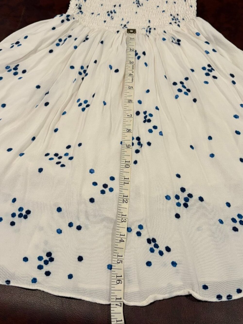 Lulus off the shoulder white smocked dress with blue dots design, XS - Picture 5 of 8